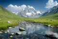 Mountain river flowing through green valley with snow capped mountain Royalty Free Stock Photo