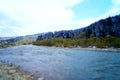 Mountain river flows near the mountains and coniferous forest under a blue sky Royalty Free Stock Photo