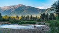 Mountain river and forest trees on the sunset, Altai Mountains, Kazakhstan Royalty Free Stock Photo