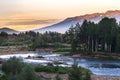 Mountain river and forest trees on the sunset, Altai Mountains, Kazakhstan Royalty Free Stock Photo