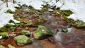 A mountain river in the forest in winter, calm water flows along the river bed with stones covered with green moss Royalty Free Stock Photo