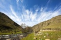 Mountain river going through green valley on a summer sunny day with beautiful white clouds in the sky, Altai Royalty Free Stock Photo