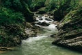 Mountain river in Guamskoe gorge in Krasnodar region, Russia. River Kurdzhip among wild nature Royalty Free Stock Photo