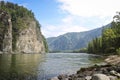 Mountain river landscape in Siberia - stream of a mountain river running between mountains in summer. River Oka Sayan Royalty Free Stock Photo