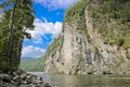 Mountain river landscape in Siberia - stream of a mountain river running between mountains in summer. River Oka Sayan Royalty Free Stock Photo