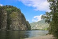 Mountain river landscape in Siberia - stream of a mountain river running between mountains in summer. River Oka Sayan Royalty Free Stock Photo