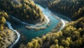 Mountain river. Mountain landscape. Top view panorama of a fast winding river in the middle of a mountain forest Royalty Free Stock Photo