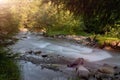 Mountain river on a long exposure in the summer in the Carpathian forests, a beautiful landscape Royalty Free Stock Photo