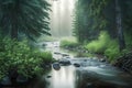 Mountain river in the morning mist. Beautiful landscape with forest and river