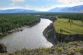 Mountain river Oka Sayanskaya and Kropotkin ridge, top view. Eastern Sayan, Siberia, Russia
