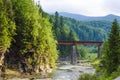 Mountain river with a rapid current of rocks and a bridge Royalty Free Stock Photo