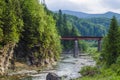 Mountain river with a rapid current of rocks and a bridge