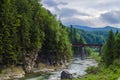 Mountain river with a rapid current of rocks and a bridge