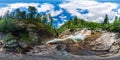 Mountain river with rapids in the taiga forest. Spherical panorama 360vr degrees Royalty Free Stock Photo