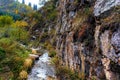 Mountain river with rocks in the canyon. autumn mountains. green, yellow and red leaves Royalty Free Stock Photo