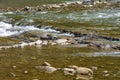 Mountain river with rocky rifts, water flow from the mountains, tourism and travel