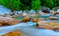 Mountain river rushing among a huge stones in canyon Royalty Free Stock Photo