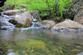 Mountain river - a small waterfall on a river with crystal clear water that flows among gray stones in a green forest on Royalty Free Stock Photo