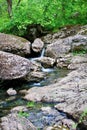 Mountain river - a small waterfall on a river with crystal clear water that flows among gray stones in a green forest on Royalty Free Stock Photo