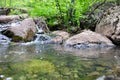 Mountain river - a small waterfall on a river with crystal clear water that flows among gray stones in a green forest on Royalty Free Stock Photo