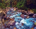 Mountain river in stone riverbed. Digital illustration of green forest with cold water current. Royalty Free Stock Photo