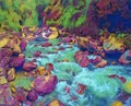 Mountain river in stone riverbed. Digital illustration of wild forest with cold water current. Royalty Free Stock Photo