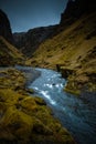 Mountain river on a stony rocky desert landscape of Iceland. Toned