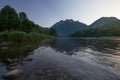 Mountain and river sunrise landscape.  Pieniny, Three Crowns Peak on the Dunajec River Royalty Free Stock Photo