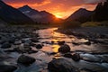 Mountain river and sunset in the Altai mountains, Siberia, Russia, Clear river with rocks leading towards mountains lit by sunset