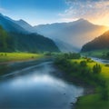 MOUNTAIN AND RIVER IN A VALLEY. A flowing river, blue sky, high mountains and green meadows in the morning Royalty Free Stock Photo