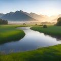 MOUNTAIN AND RIVER IN A VALLEY. A flowing river, blue sky, high mountains and green meadows in the morning Royalty Free Stock Photo