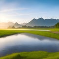 MOUNTAIN AND RIVER IN A VALLEY. A flowing river, blue sky, high mountains and green meadows in the morning Royalty Free Stock Photo