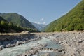 Mountain river valley landscape. Small lake made of riber stones within three months. Mountain river stream valley. River valley Royalty Free Stock Photo