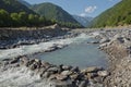 Mountain river valley landscape. Small lake made of riber stones within three months. Mountain river stream valley. River valley Royalty Free Stock Photo
