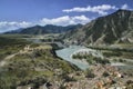 Mountain river valley panorama landscape. Blue sky and clouds Royalty Free Stock Photo