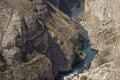 Mountain river water landscape. Wild turquoise river in a mountain gorge. River views from above the canyon, Caucasus mountains,