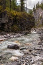 Mountain rivulet flows along the gorge near the rock.