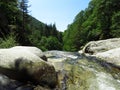 Mountain rivulet. Small river between big white stones. Gorge, green hills and coniferous trees. Royalty Free Stock Photo