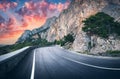 Mountain road and beautiful sky at sunset. Colorful landscape Royalty Free Stock Photo