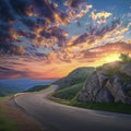 Mountain road at colorful sunset in summer. Beautiful curved roadway, rocks, stones, blue sky with clouds. Landscape Royalty Free Stock Photo