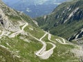 Mountain road crossing St. Gotthard Pass Gotthardpass or Passo del Sao Gottardo in the Swiss Alps, Airolo - Canton of Ticino