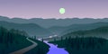 Mountain road. Evening landscape with mountains, river, moon and driveway. Vector illustration.