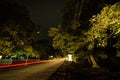 Mountain Road through the forest on a full moon night. Scenic night landscape of dark blue sky with moon. Azerbaijan. Masalli Royalty Free Stock Photo