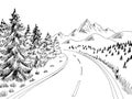 Mountain road graphic black white landscape sketch illustration vector Royalty Free Stock Photo