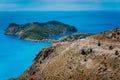 Mountain road leading to famous Assos village and venetian fortress, great landscape of Kefalonia island, Greece. Vacation summer