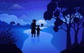 Mountain road with mountain views and night sky landscape background, the child with his mother walks together