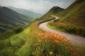 Mountain road in the mountains with beautiful flowers in the meadow Royalty Free Stock Photo