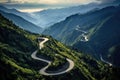 Mountain road in the mountains, closeup of photo, China, A bird\'s-eye of a winding asphalt road through pine tree-covered Royalty Free Stock Photo