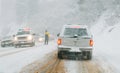 Mountain road in snow storm Royalty Free Stock Photo