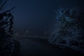 Mountain Road through the snowy forest on a full moon night. Scenic night winter landscape of dark blue sky with moon and stars Royalty Free Stock Photo